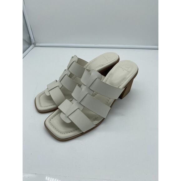 New Marc Fisher LTD Louisa Leather Block Heel Slip On Mules Woven Ivory Size 11M - Picture 4 of 8